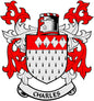 Charles family crest coat arms magnet with red-and-black diamond shield and white detailing