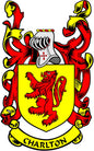 Charlton coat of arms pinback with yellow shield, red ribbons, and CHARLTON banner
