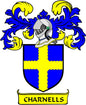 Family crest coat of arms magnet with blue and yellow shield and CHARNELLS banner