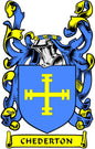 Blue shield coat of arms pinback with gold cross and CHEDERTON ribbon