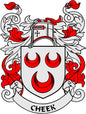 Family crest pinback with shield, red flames, crown, scrollwork, and “CHEEK” text