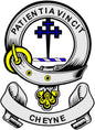 Cheyne family crest pinback: round white badge with blue cross, banner, and black/gold flames.