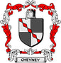 Cheyney family crest pinback badge with red ribbon, shield, and banner reading CHEYNEY