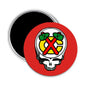 Round 2.25-inch refrigerator magnet with skull wearing green glasses on red and black