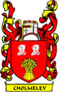 Coat of arms pinback badge with red shield, gold lion motifs, and CHOLMELEY banner