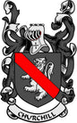 Coat of arms pinback with red diagonal shield and Churchill lettering