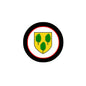 3-inch round coat of arms magnet with black ring, red border, and green trees shield