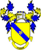 Family crest pinback with blue and yellow coat of arms shield and CLERKE banner