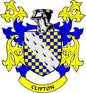 Coat of arms pinback with blue-and-yellow shield, diagonal stripe, and 'CLIFTON' banner