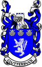 Family crest enamel pinback with blue and white shield, lion, and banner details