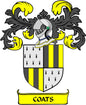 Family crest pinback with helmet, yellow-and-black striped shield, and banner text "COATS"