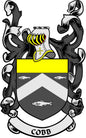 Coat of arms pinback badge with black-and-white shield, yellow details, and COBB text
