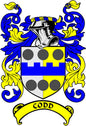Codd coat of arms pinback badge with blue and yellow shield and 'CODD' ribbon