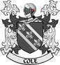 Cole family crest pinback with shield, helmet, and COLE banner detail