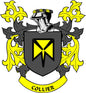 Family crest coat of arms pinback with yellow shield, black banner, and COLLIER text