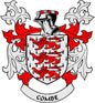 Red, black, and white coat of arms crest pinback with COMBE ribbon banner