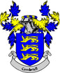 Family crest coat of arms pinback with blue shield, yellow lions, and Combreil text