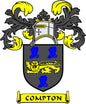 Compton coat of arms pinback with shield crest, blue boots and yellow accents