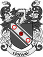 Conway family crest coat of arms magnet with black shield, red rose and accents
