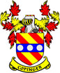 Colorful coat of arms pinback with shield, red-and-yellow flowers, and COPINGER banner