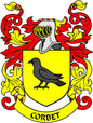 Family crest coat of arms magnet with yellow shield, black bird silhouette, red accents