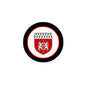 Round black-ring refrigerator magnet with red-and-white family crest shield