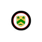 Round black-and-red pinback button with green gold family crest shield design