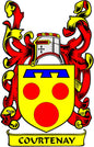 Courtenay family crest coat of arms pinback with red lion shield and yellow banner