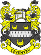 Coat of arms pinback badge with shield crest, black and yellow, reads COVENTRY