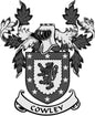Coat of arms pinback with shield, lion, stars, and Cowley banner in black and white