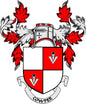 Red and white family crest pinback with shield, helmet, and red leaf details
