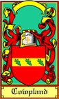 Cowpland family crest pinback with colorful shield and banner, rectangular design