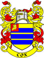 Cox family crest coat of arms magnet with blue shield and red lion flames, 'Cox' banner