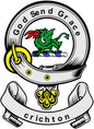 Round enamel-style coat of arms pinback with green dragon crest and Crichton ribbon text