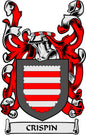 CrisPin coat of arms pinback with red-and-white shield and “CRISPIN” ribbon detail