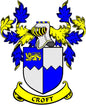 Coat of arms pinback badge with blue, yellow, and white shield and CROFT banner