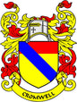 Cromwell family crest arms magnet with shield and red, yellow, and blue diagonal bands