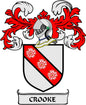 Coat of arms pinback badge with red-and-white shield and CROOKE ribbon banner