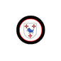Round crest arms magnet with black ring, red border, white shield and blue lion