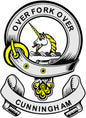 Circular coat-of-arms magnet with unicorn and text "CUNNINGHAM"