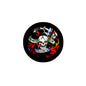 Tattoo-style pinback button, round black edge with colorful skull and “DEATH OR GLORY”