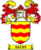 Family crest coat-of-arms magnet with shield, red-yellow flames, and 'DALBY' banner