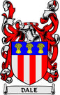 Dale family crest coat of arms pinback with red and blue shield and black scroll details