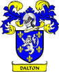 Family crest pinback with blue shield, white lion, and Dalton banner