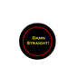 Round black pinback badge with red border and yellow “DAMN STRAIGHT!” text