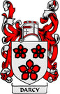 Family crest coat of arms pin with red and black shield and "DARCY" banner