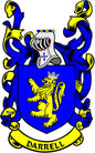 Darrell family crest coat of arms magnet: blue shield, lion, helmet, DARRELL banner