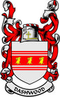 Dashwood family crest coat arms magnet with crowned shield and red lions, striped ribbon