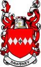 Family crest pinback with red-and-white shield, diamond pattern, and banner reading DAWBNEY