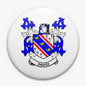 Dawes family crest pinback button with blue, white, and red shield coat of arms
